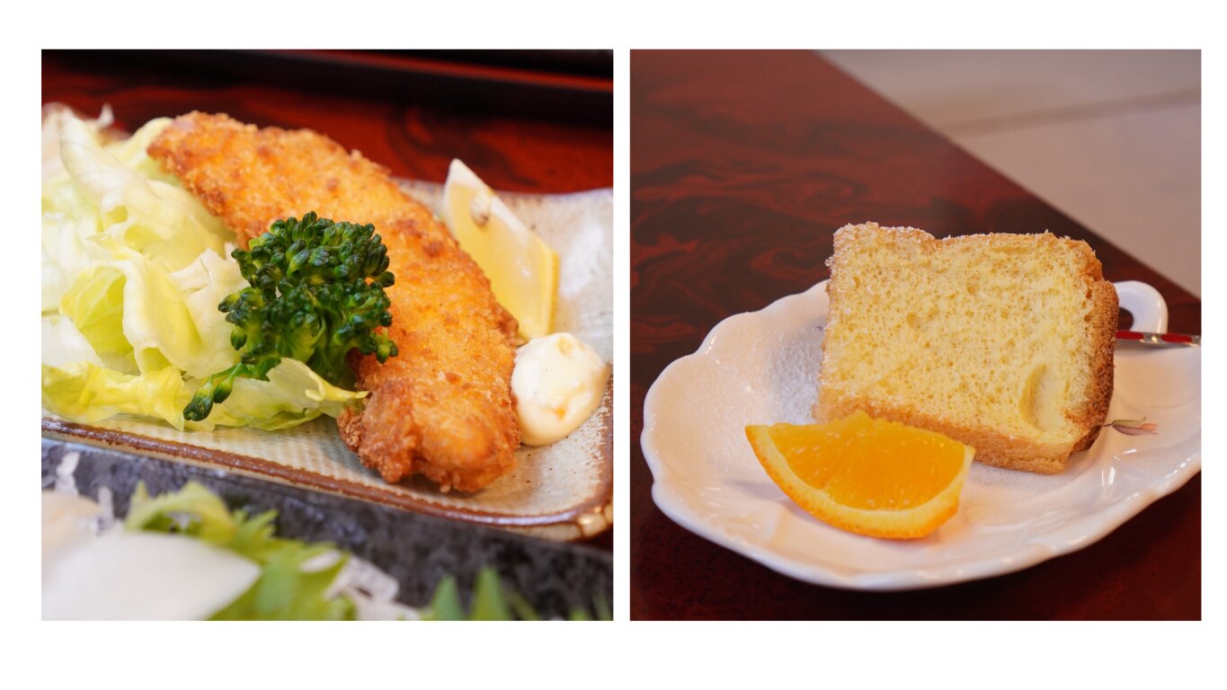 魚のフライと手作りシフォンケーキ