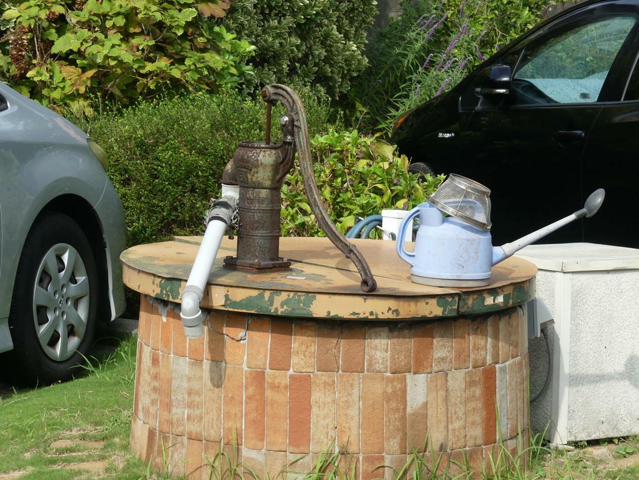 民家の庭にある井戸…ポンプで水を吸い上げ、庭の木や花、畑に使っているそうです。