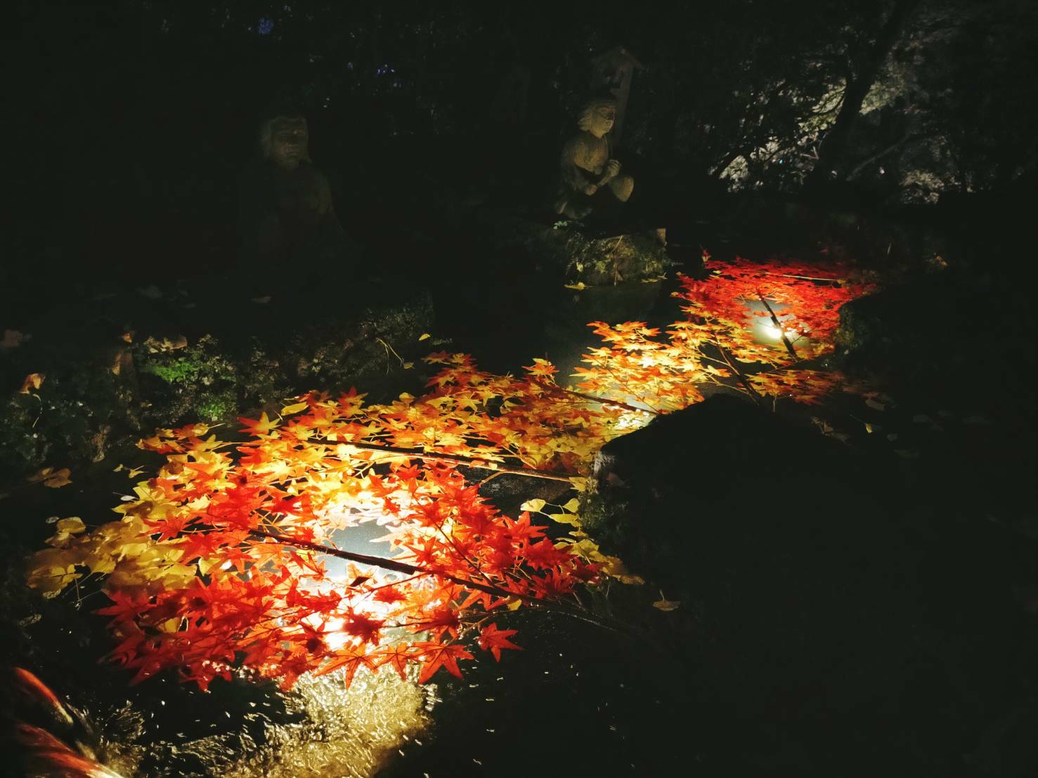 「卍」の形をした「卍池」。池に落ちた葉と光のコントラストがとても美しく、吸い込まれてしまいそうです。
