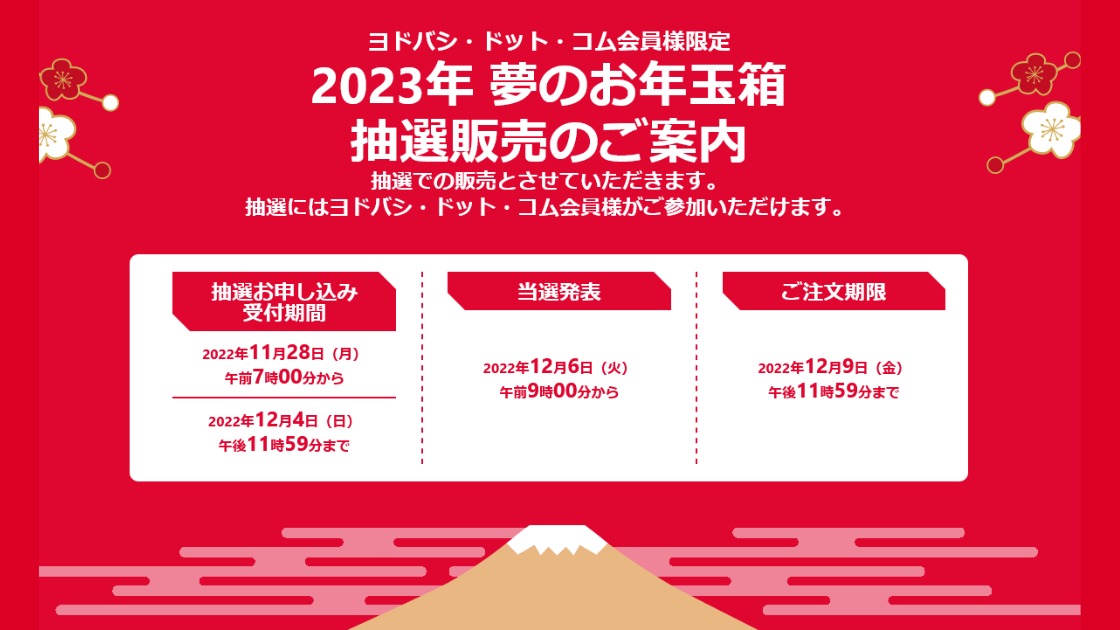 ヨドバシの福袋2023年夢のお年玉箱 11月28日～12月4日で抽選受付