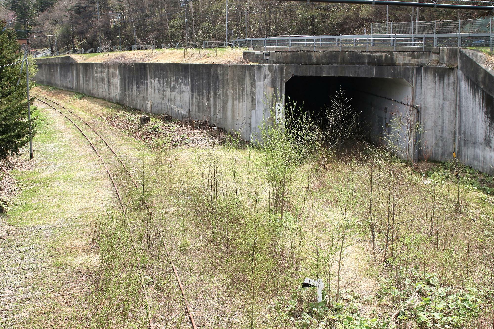 歩道橋からみた旧線(左側)と現線のトンネル(右側)