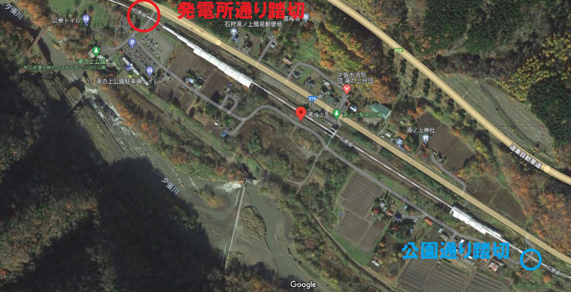 石勝線・滝ノ上駅周辺地図　　(C)Google