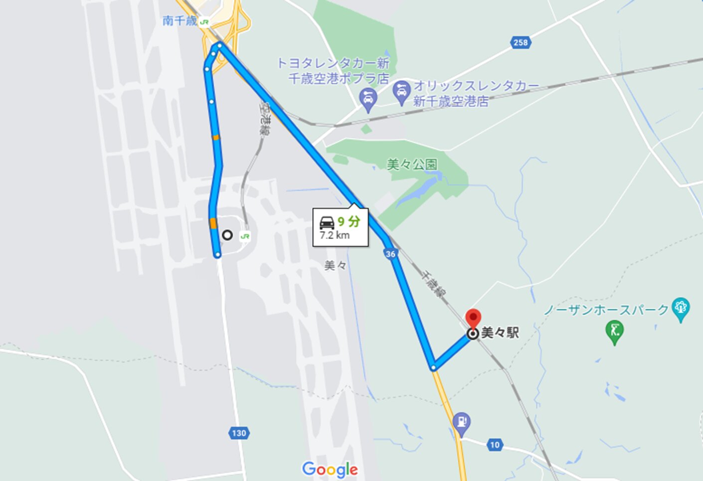 新千歳空港から美々駅跡(信号場)の位置とルート　(C)Google