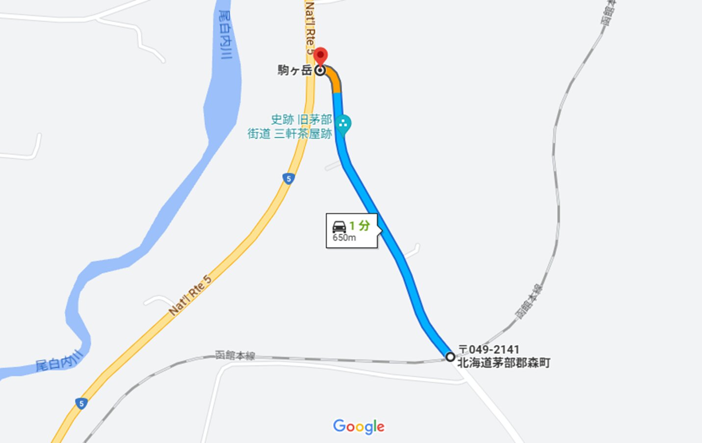 国道5号最寄り交差点から東山駅跡までの道　(C)Google