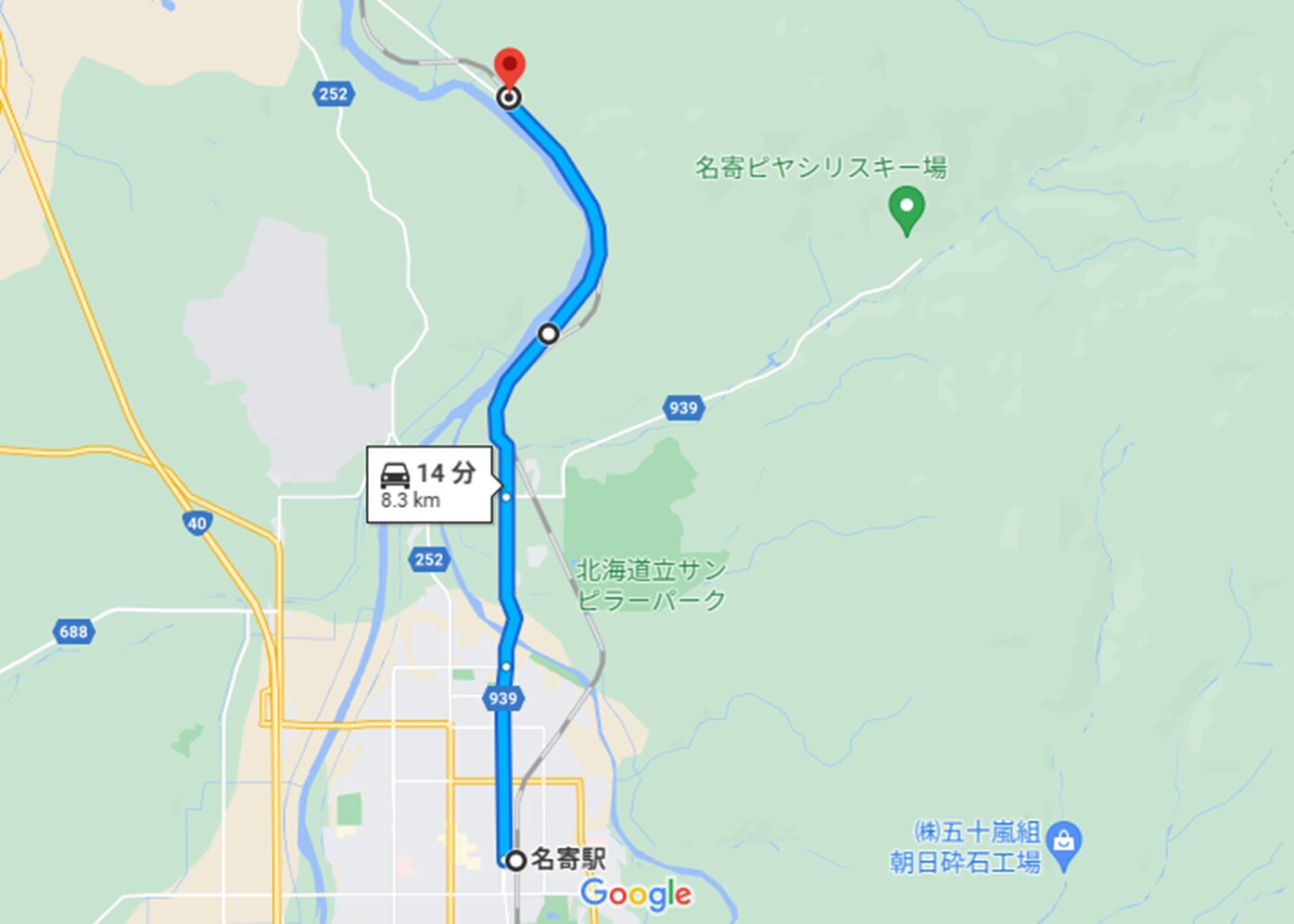 名寄駅から智東駅跡までのルート　(C)Google