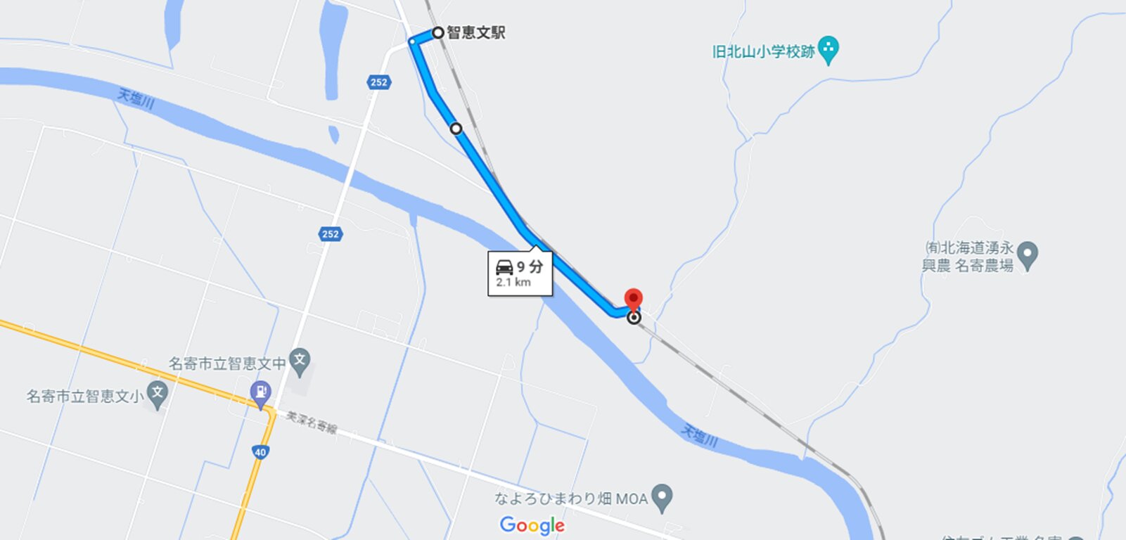 智恵文駅から北星駅までのルート　(C)Google