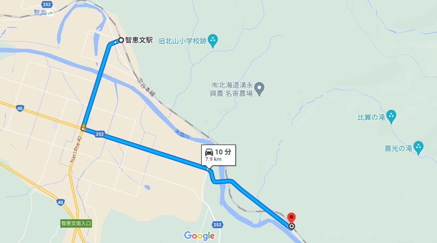 智東駅跡から北星駅跡へ道路で向かう場合、智恵文駅前へ行ってから　　(C)Google