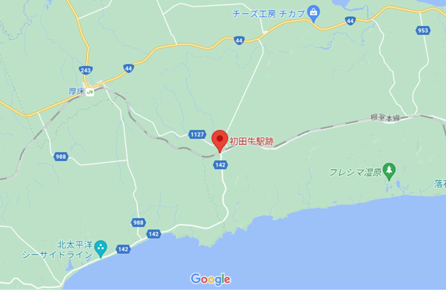 初田牛駅跡の位置　(C)Google