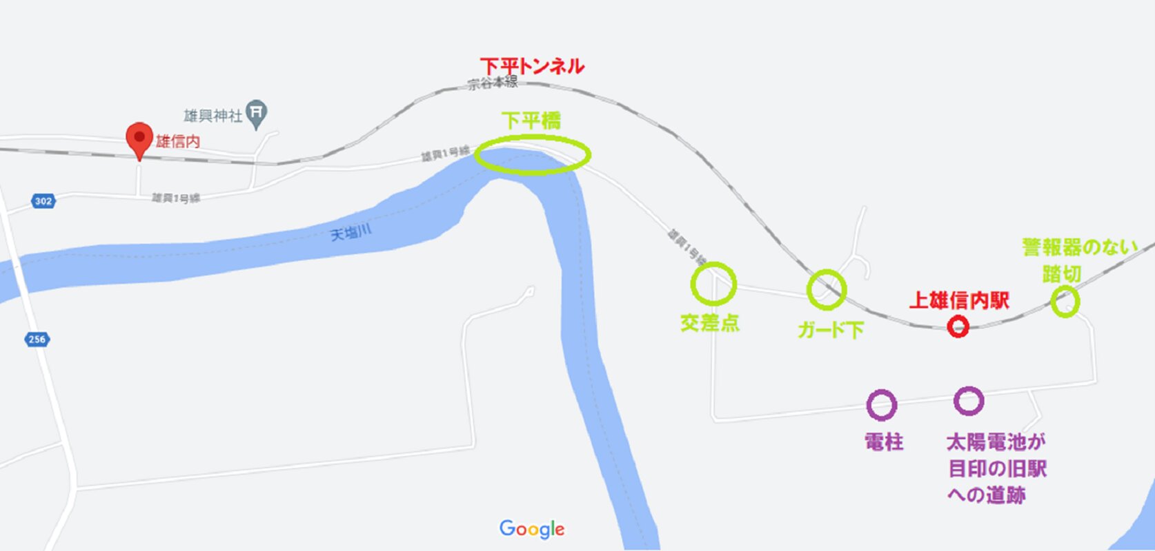 雄信内駅から上雄信内駅跡への地図に加筆　(C)Google 