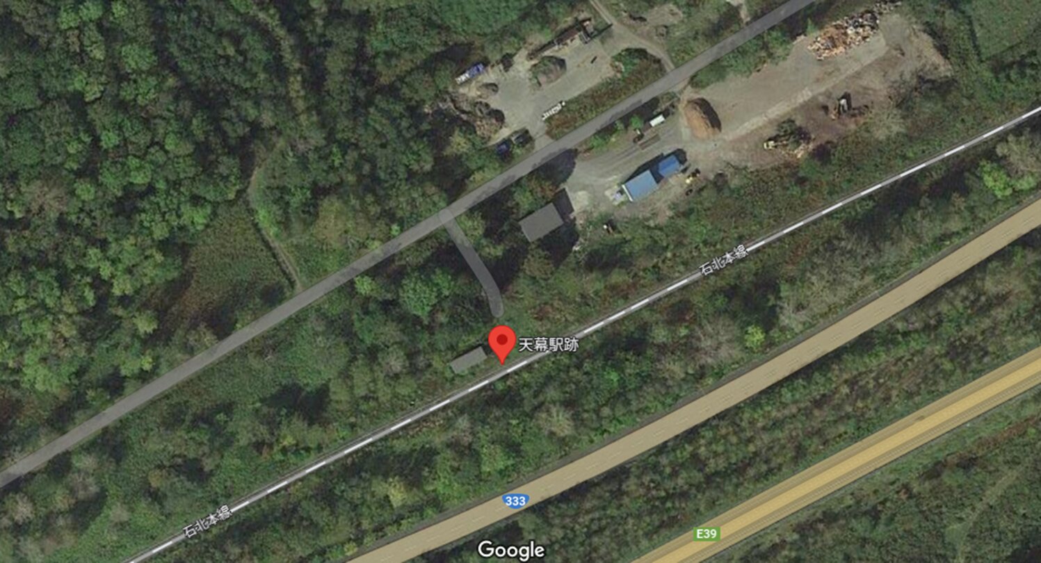 国道と駅跡を直接つなぐ道はなく森がある　(C)Google
