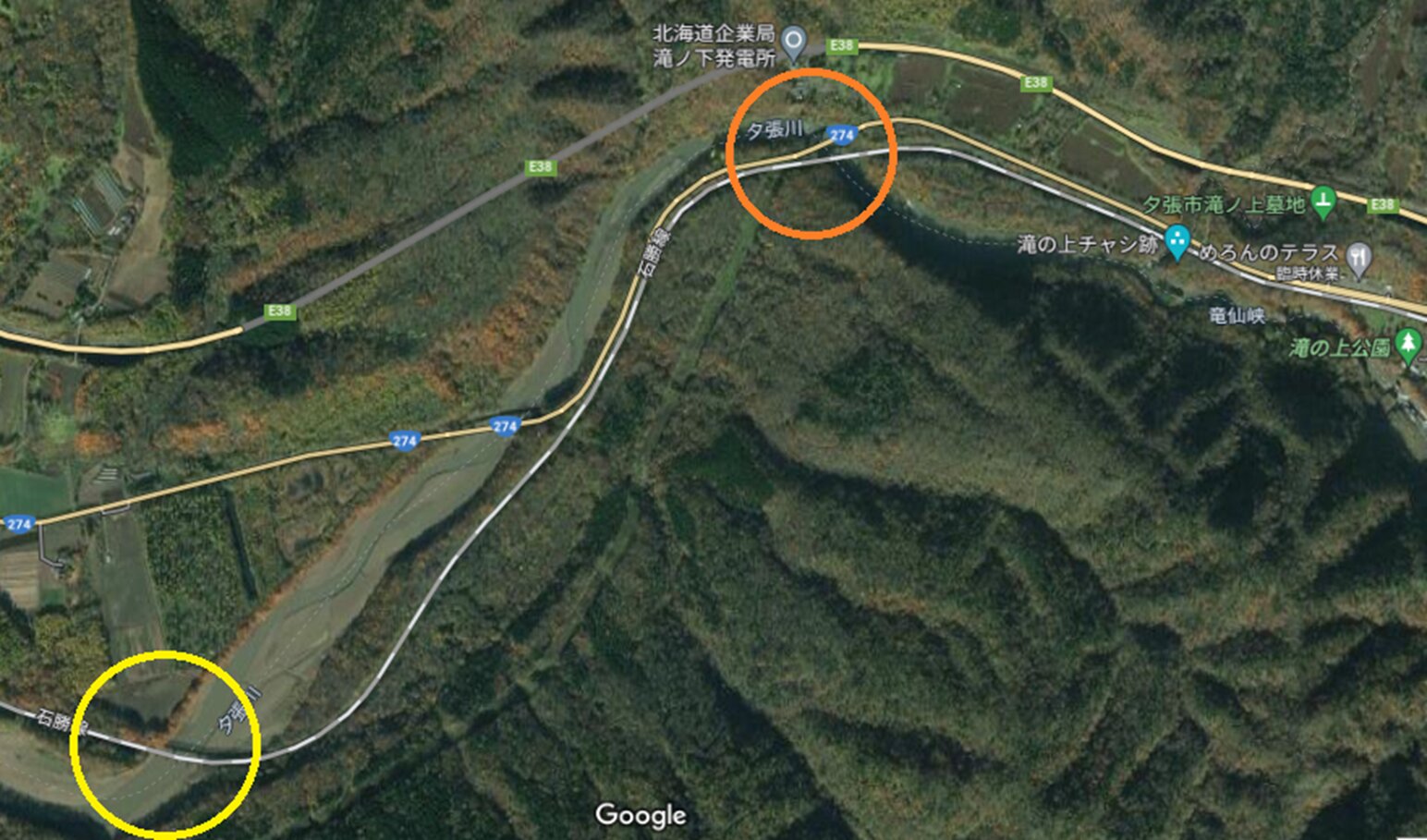 滝ノ下信号場ー滝ノ上駅・2番目と3番目の鉄橋位置　(C)Google