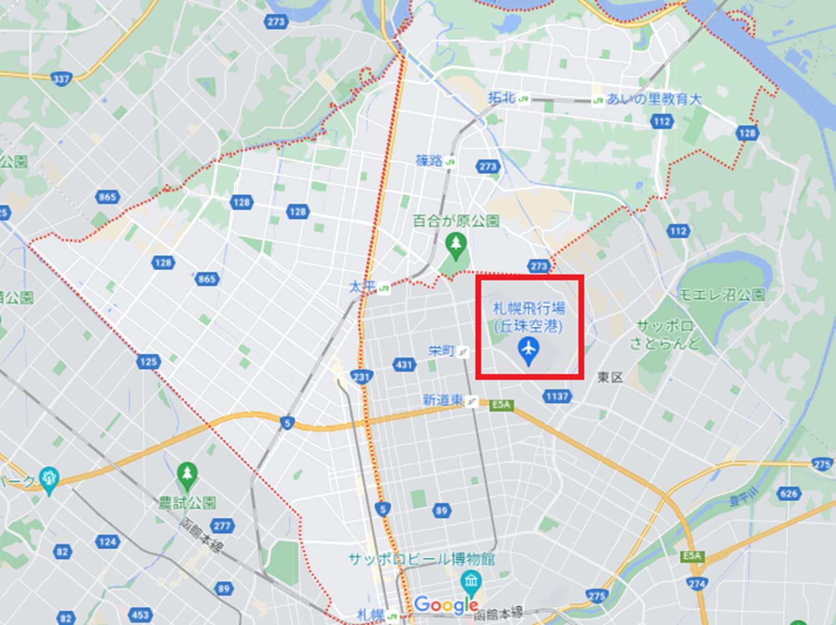 丘珠空港の位置と札幌市北区のエリア　(C)Google