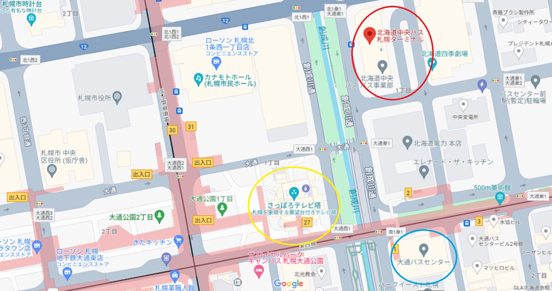 大通バスセンター(青)と中央バス札幌ターミナル(赤)　(C)Google