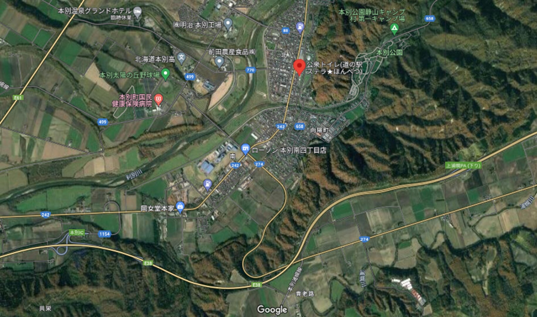 道の駅ステラ☆ほんべつと本別ICの位置　　(C)Google