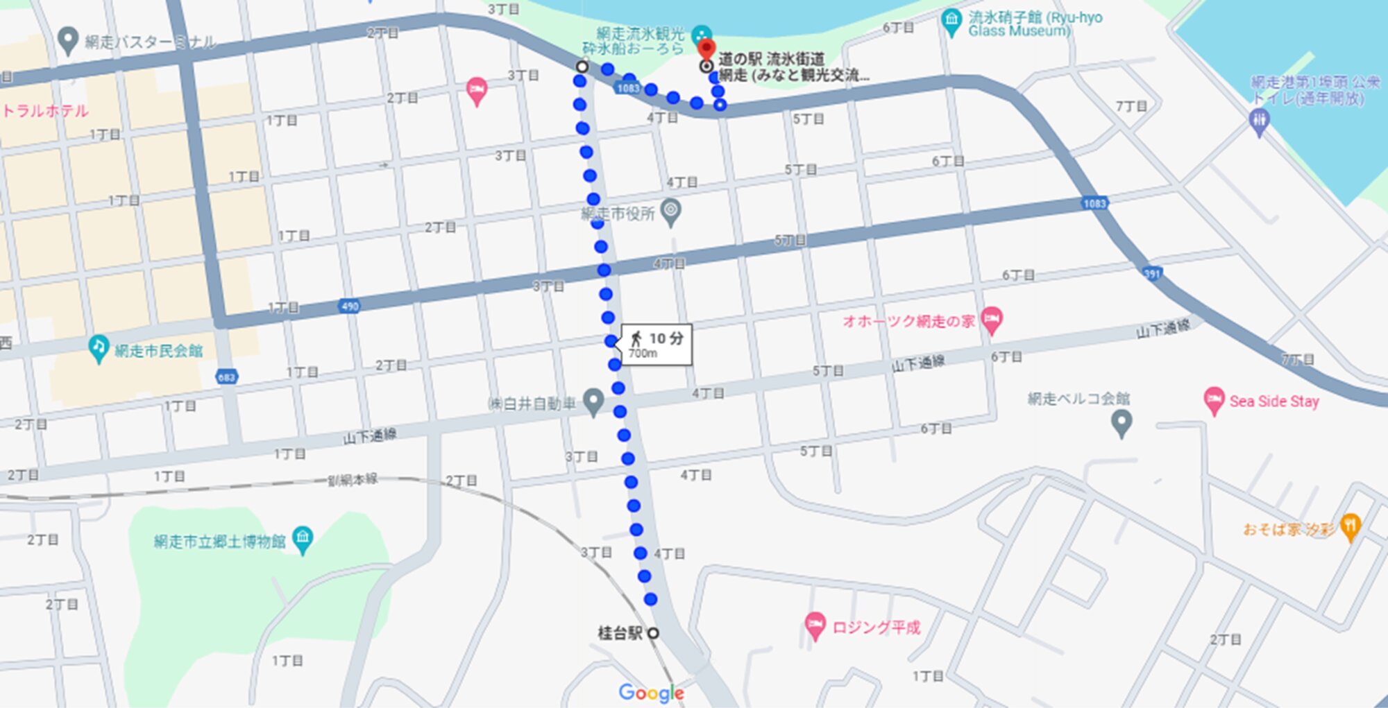 釧網本線・桂台駅から道の駅流氷街道網走まで　(C)Google