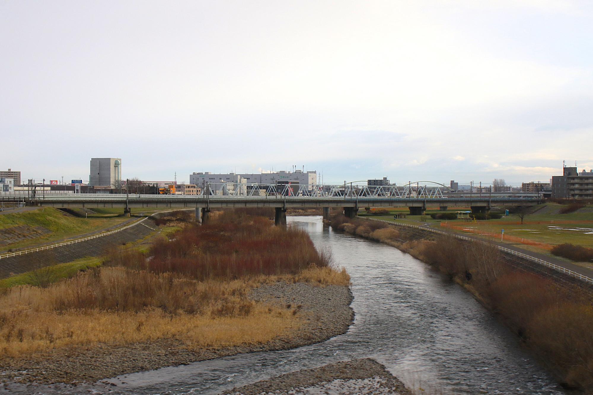 平和大橋から見たJR函館本線・豊平川橋梁