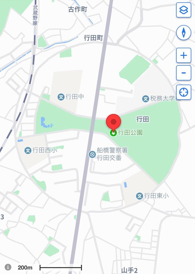 円内の扇形が行田公園。(出典元 Yahooマップ)