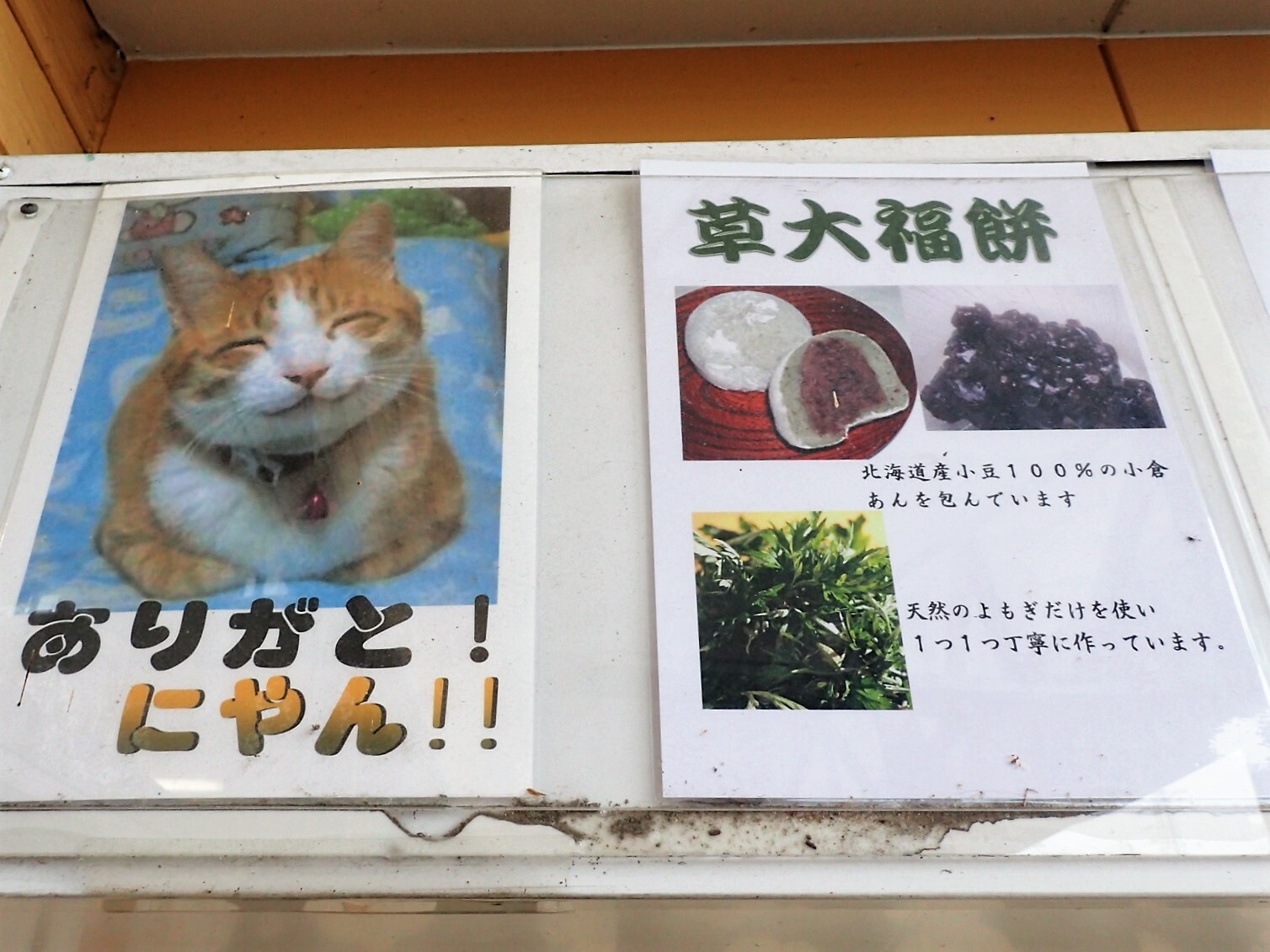 笑顔が可愛い猫の写真と、美味しそうな草大福餅の写真。