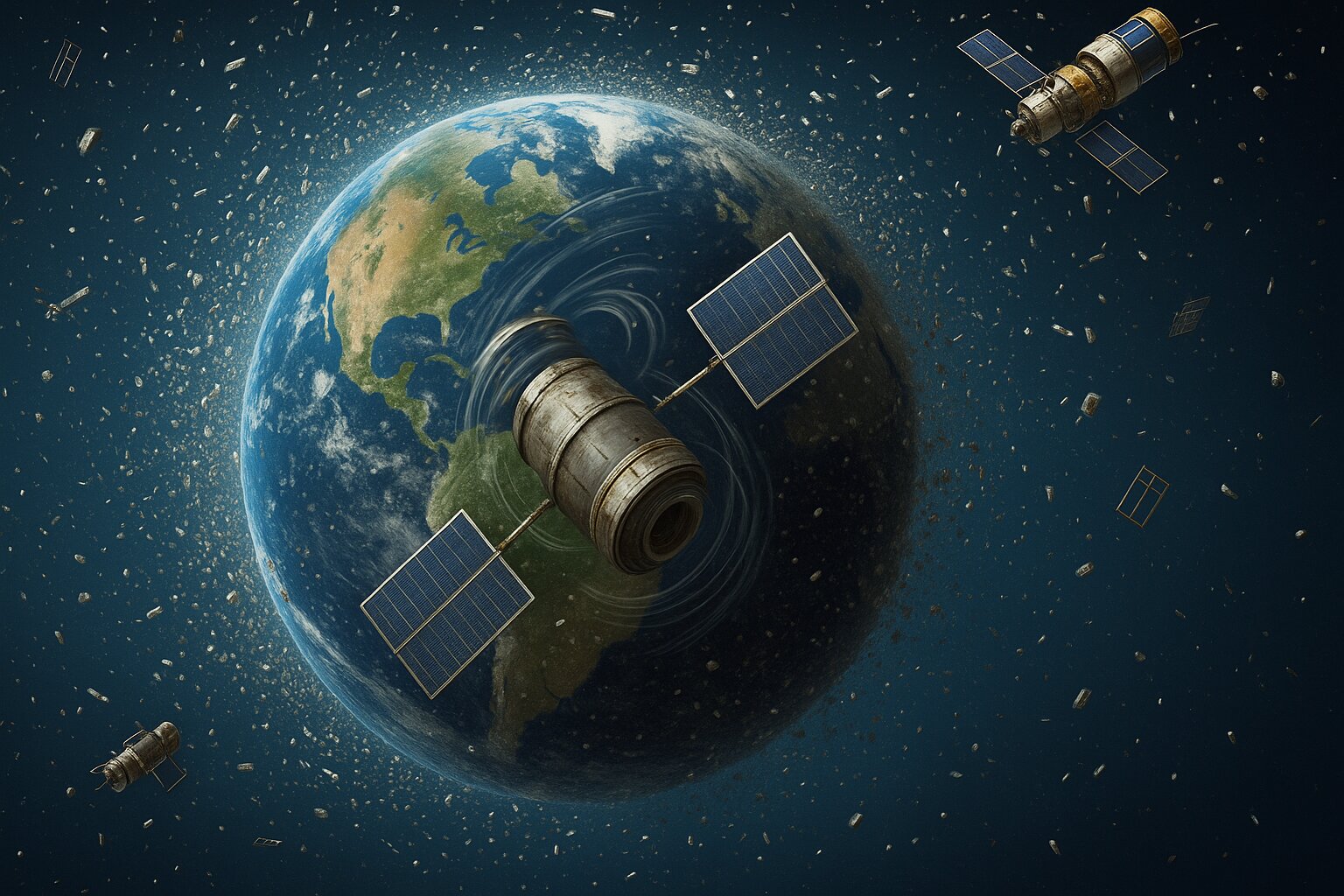 制御不能で回転する衛星のイメージ 出典:スペースチャンネル(AI)