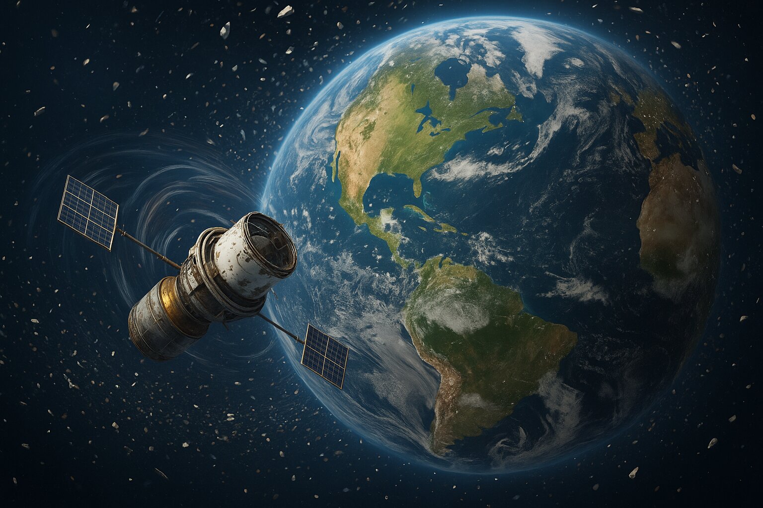 制御不能で回転する衛星のイメージ 出典:スペースチャンネル(AI)