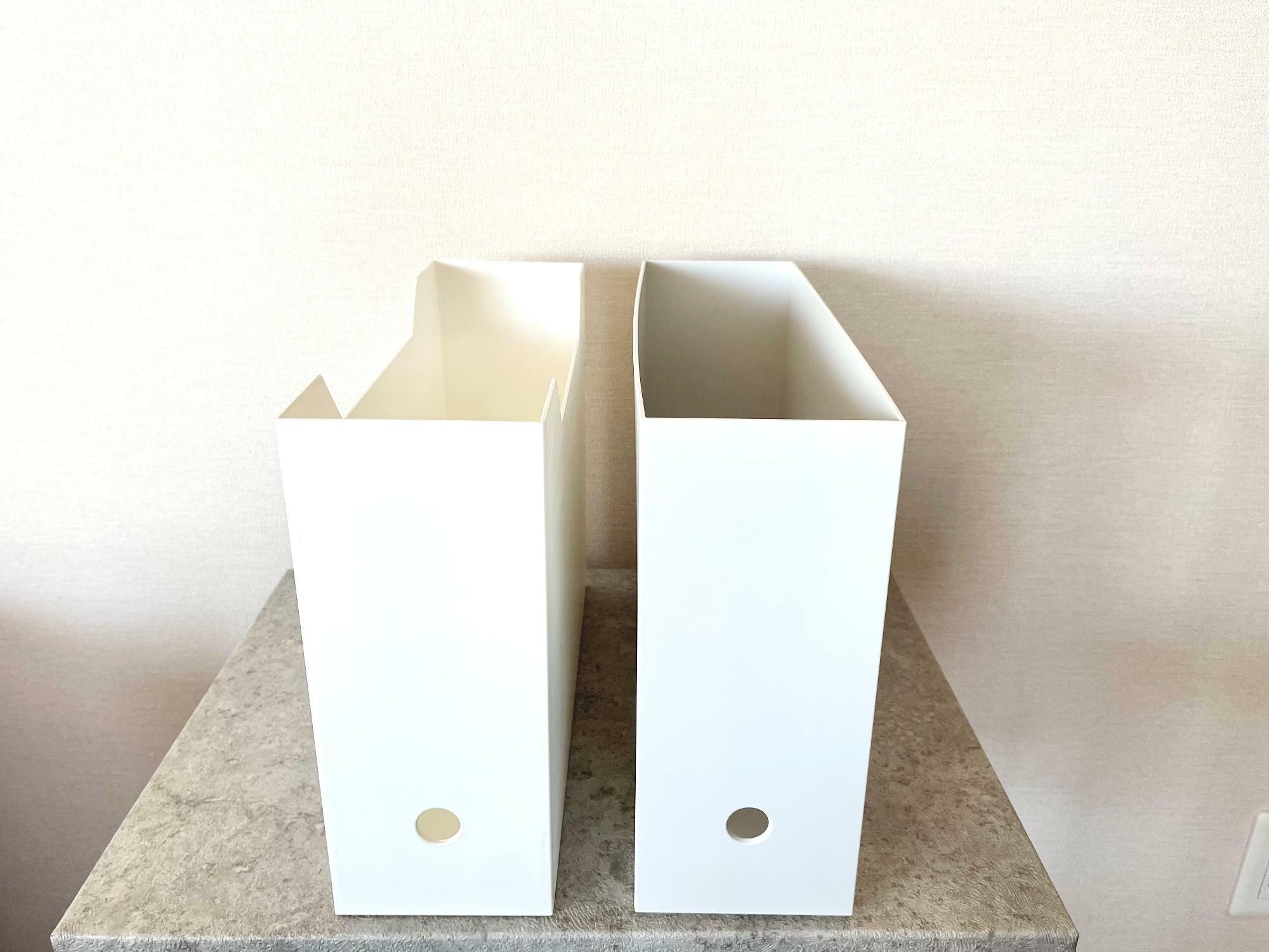 画像左：ファイルケース（ニトリ）349円、画像右、ファイルボックス（無印良品）390円