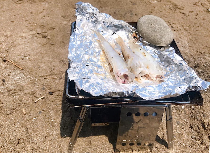 釣りキャンプで釣った魚を焼く様子