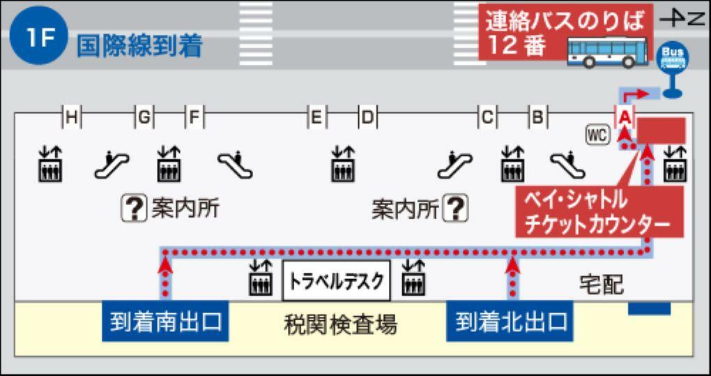 第1ターミナルビル1F「ベイ・シャトル チケットカウンター」「連絡バスのりば」位置図