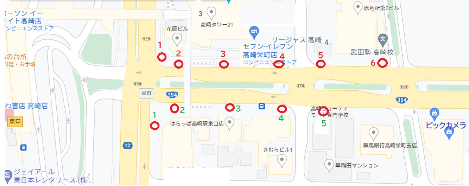 JR高崎駅東口からビックカメラまで（GoogleMap）