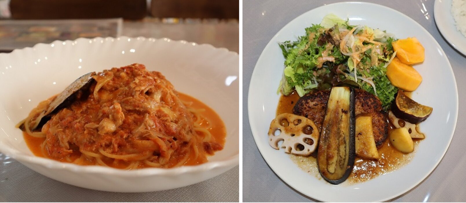 左：ミラノ風スパゲッティ　右：ハンバーグ