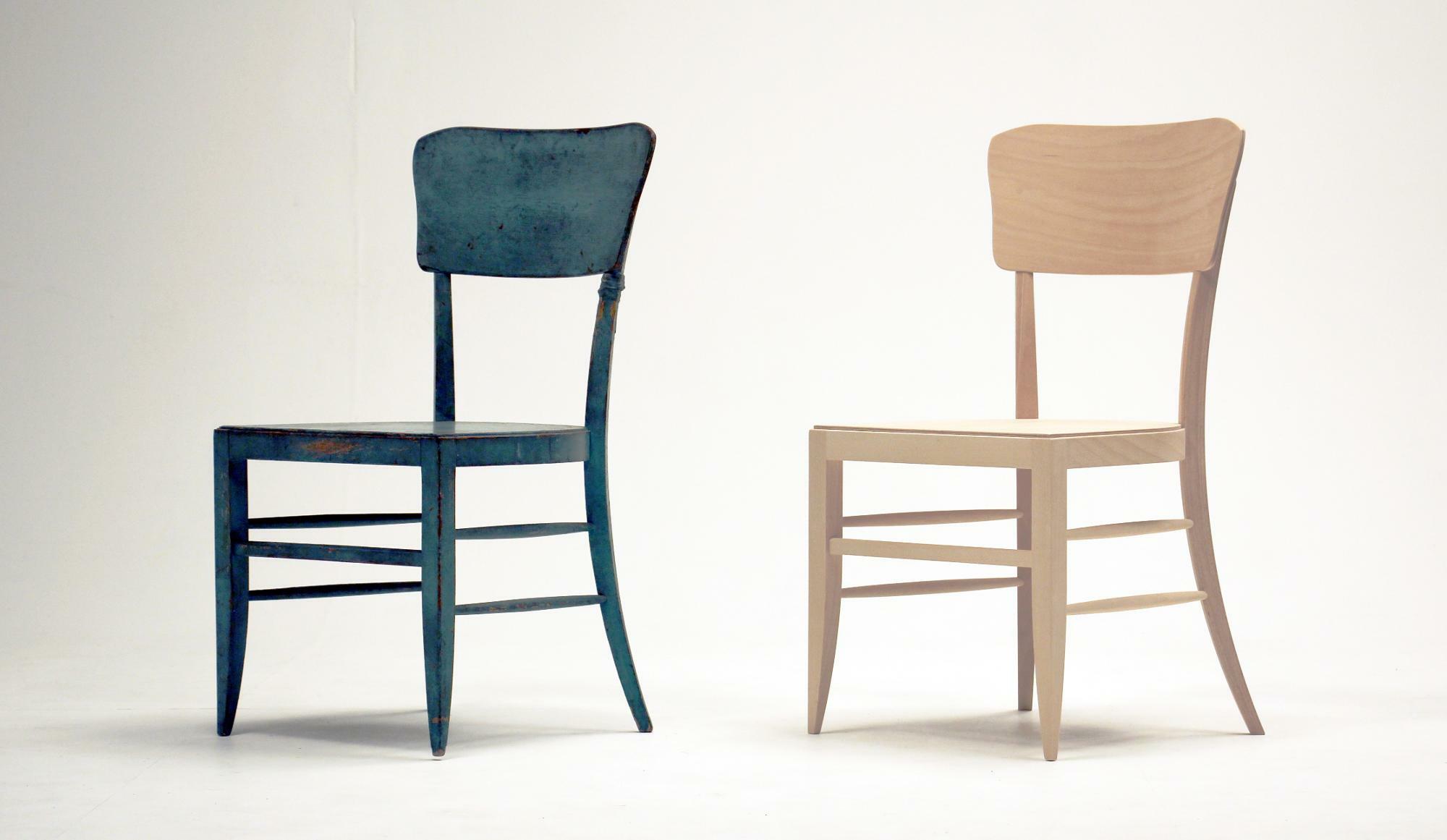  画像：左 「試作品 緑の椅子」 達磨寺所蔵・右「復刻 緑の椅子」