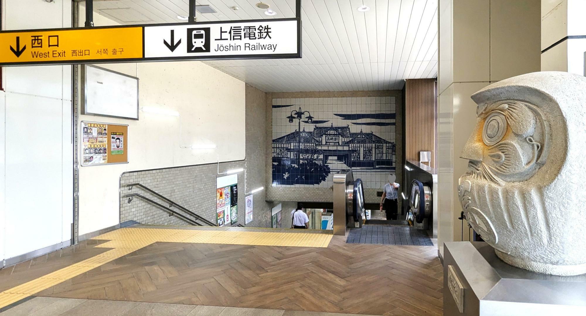 西口/上信電鉄高崎駅入口付近への階段とエスカレーター(通常は上り)