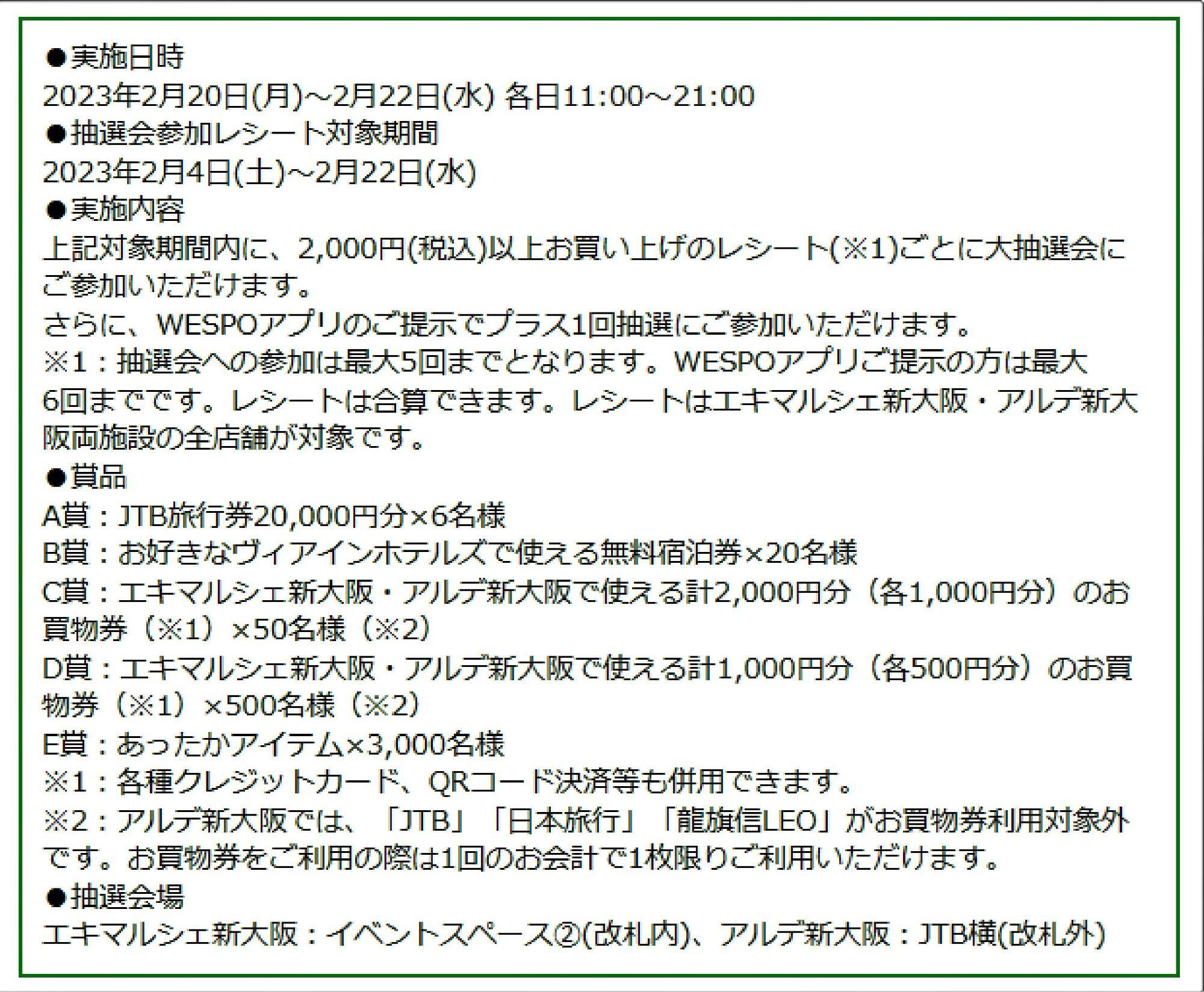 新大阪駅のエキマルシェのホームページの詳細な実施内容。