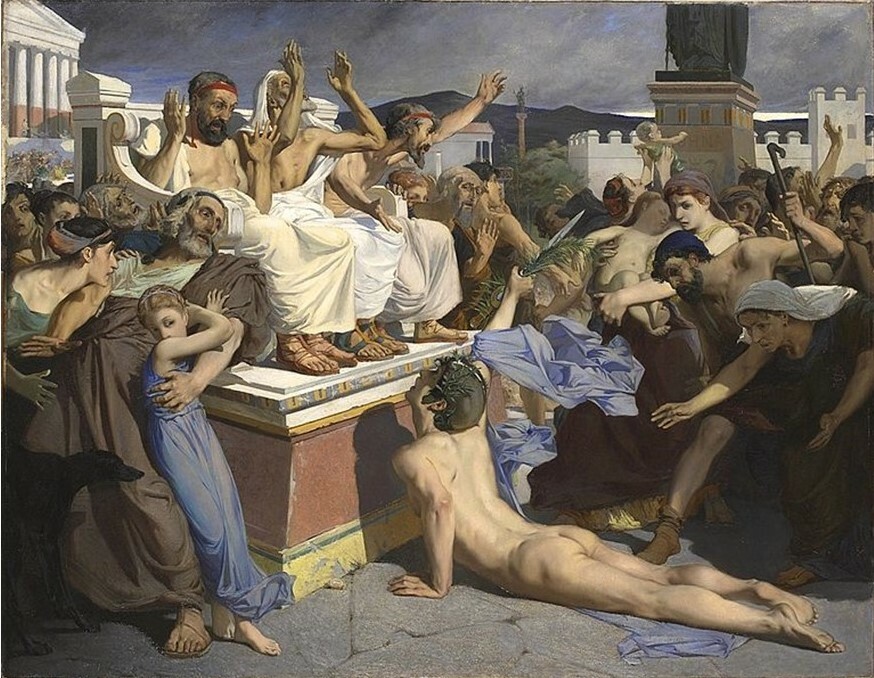 マラトンの戦いでギリシャ軍の勝利をアテネの人々に宣言したペイディピデスの絵（リュック＝オリバー・マーソン、1869 年）：Wikipediaより