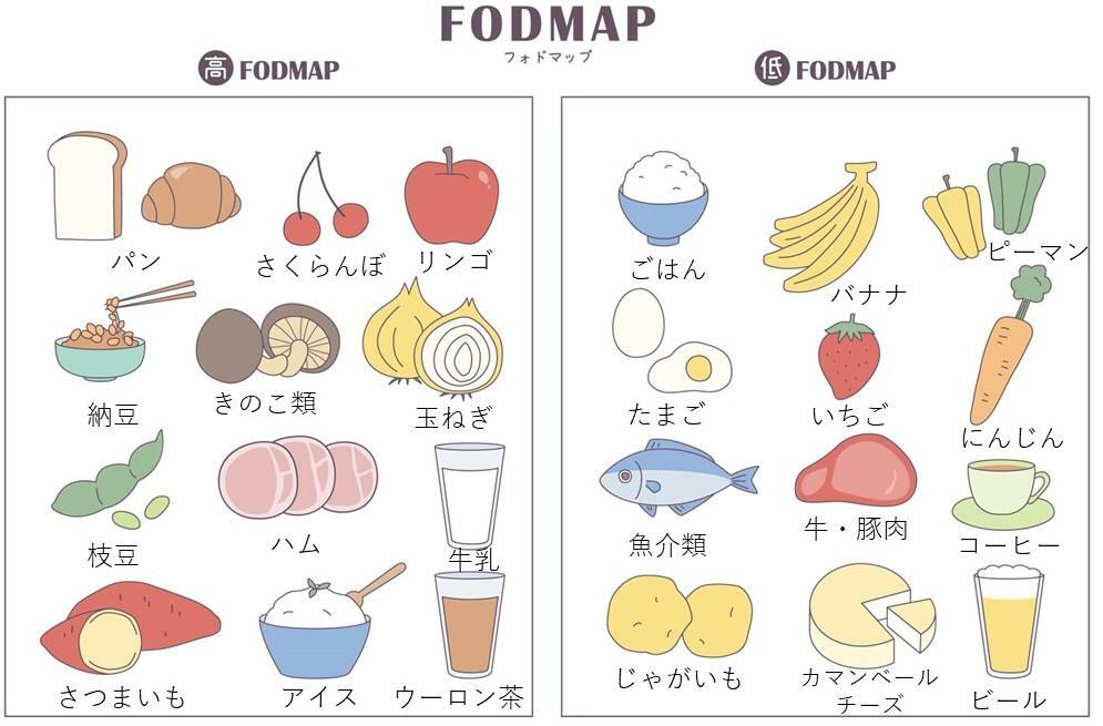 高FODMAP食と低FODMAP食の例：イラストACより改