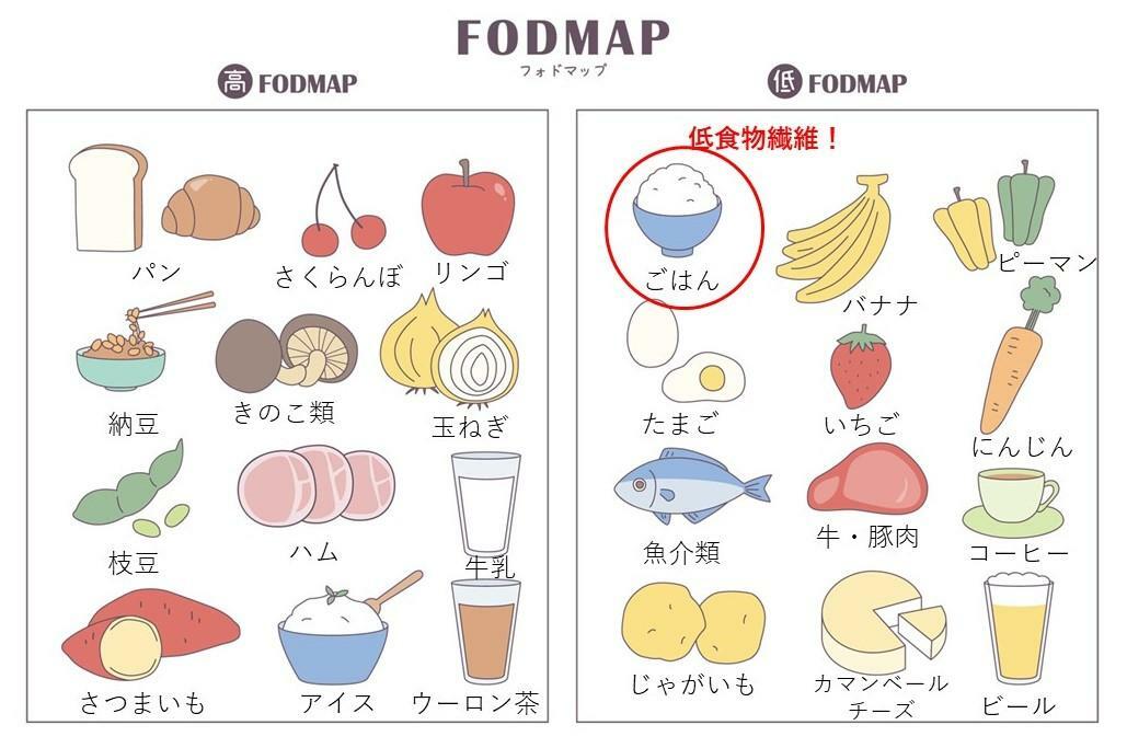 高FODMAP食と低FODMAP食の例：イラストACより改