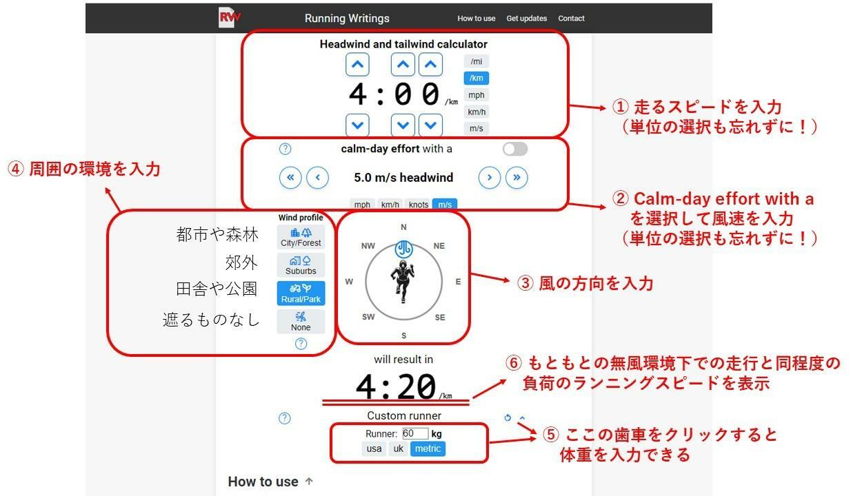 風の風速や方角による、ランニングの速さの違いを調べるツール「Wind-Calculator」の使い方：Runningwritingのサイトより