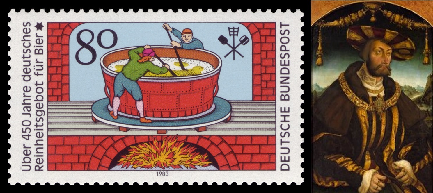 写真左：ビール純粋令の歴史を祝い、誕生450周年を記念したドイツポストの記念切手。写真右：Wilhelm IV. der Standhafte. 画:ハンズ・ワーティンガー。出典:Wiki