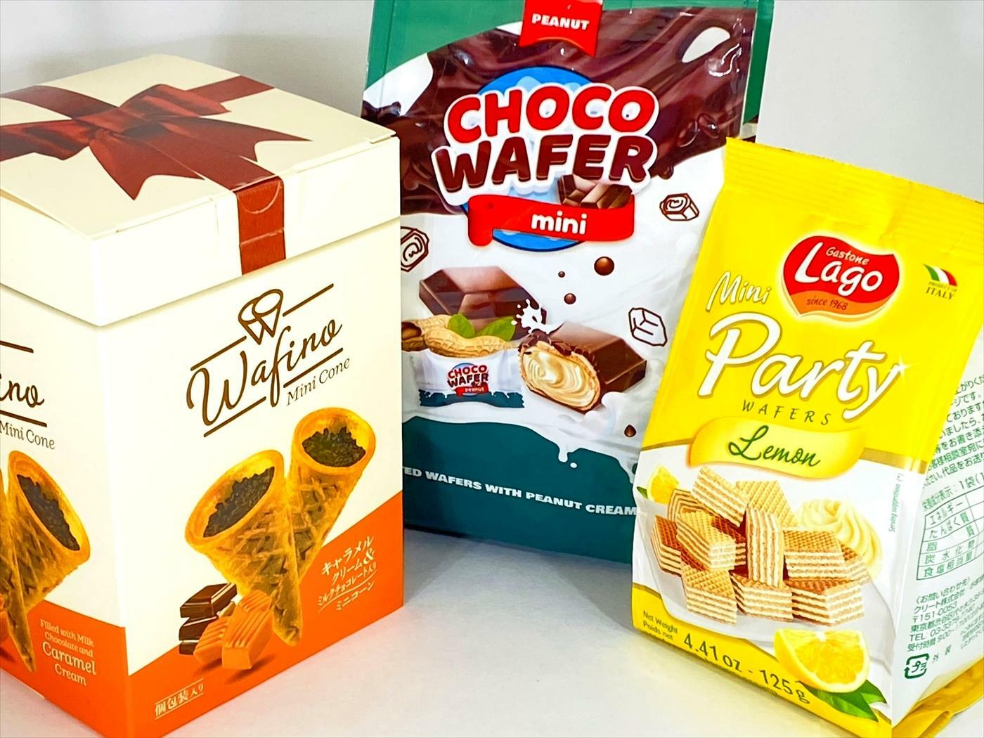 クリート社より発売の輸入菓子「ワフィーノ（Wafino）」「クリスピー ウエハース（Choco Wafer）」「ラゴ（Lago）」。