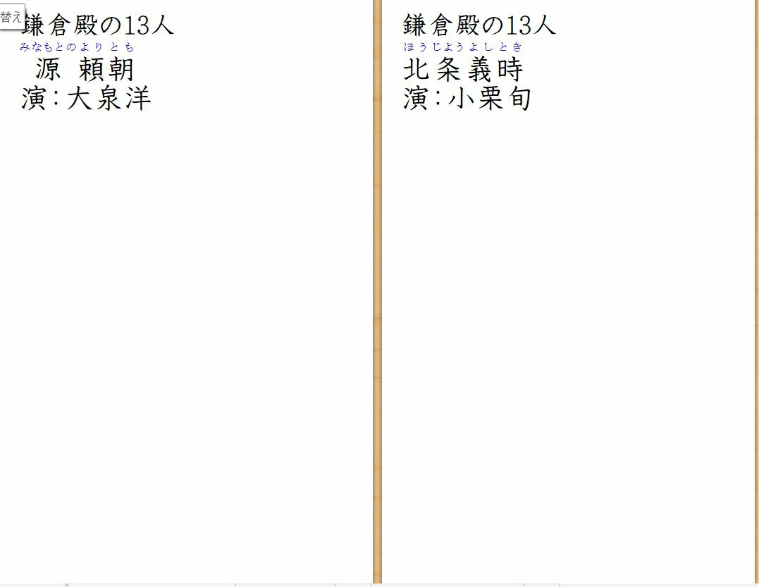 ワープロソフトに「鎌倉殿の13人」登場人物の名前を入力したところ。バイブルサイズのシステム手帳リフィルのサイズで用紙設定をしてある。