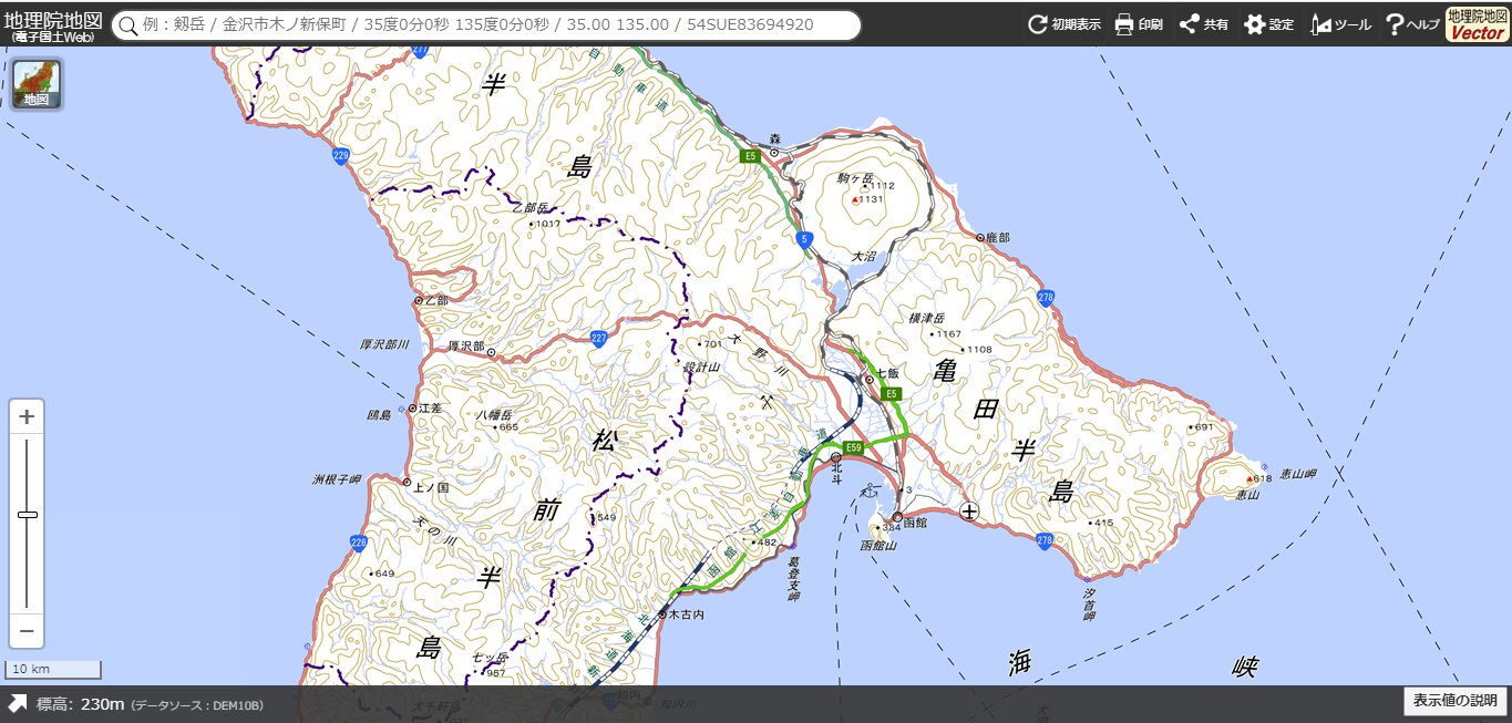 函館本線砂原支線、藤城線付近の様子（出典：国土地理院地図）