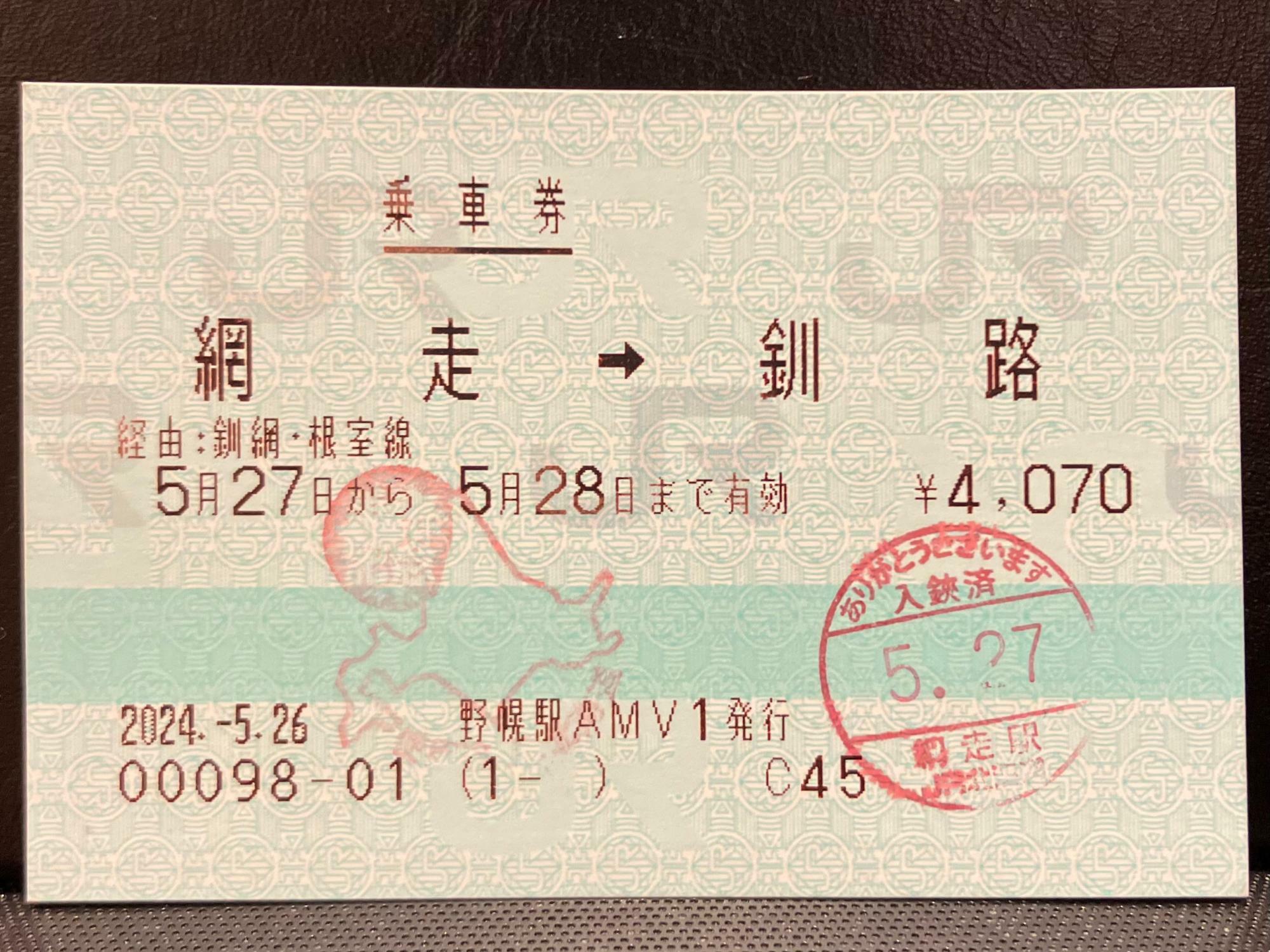 網走ー釧路間の乗車券（筆者撮影）