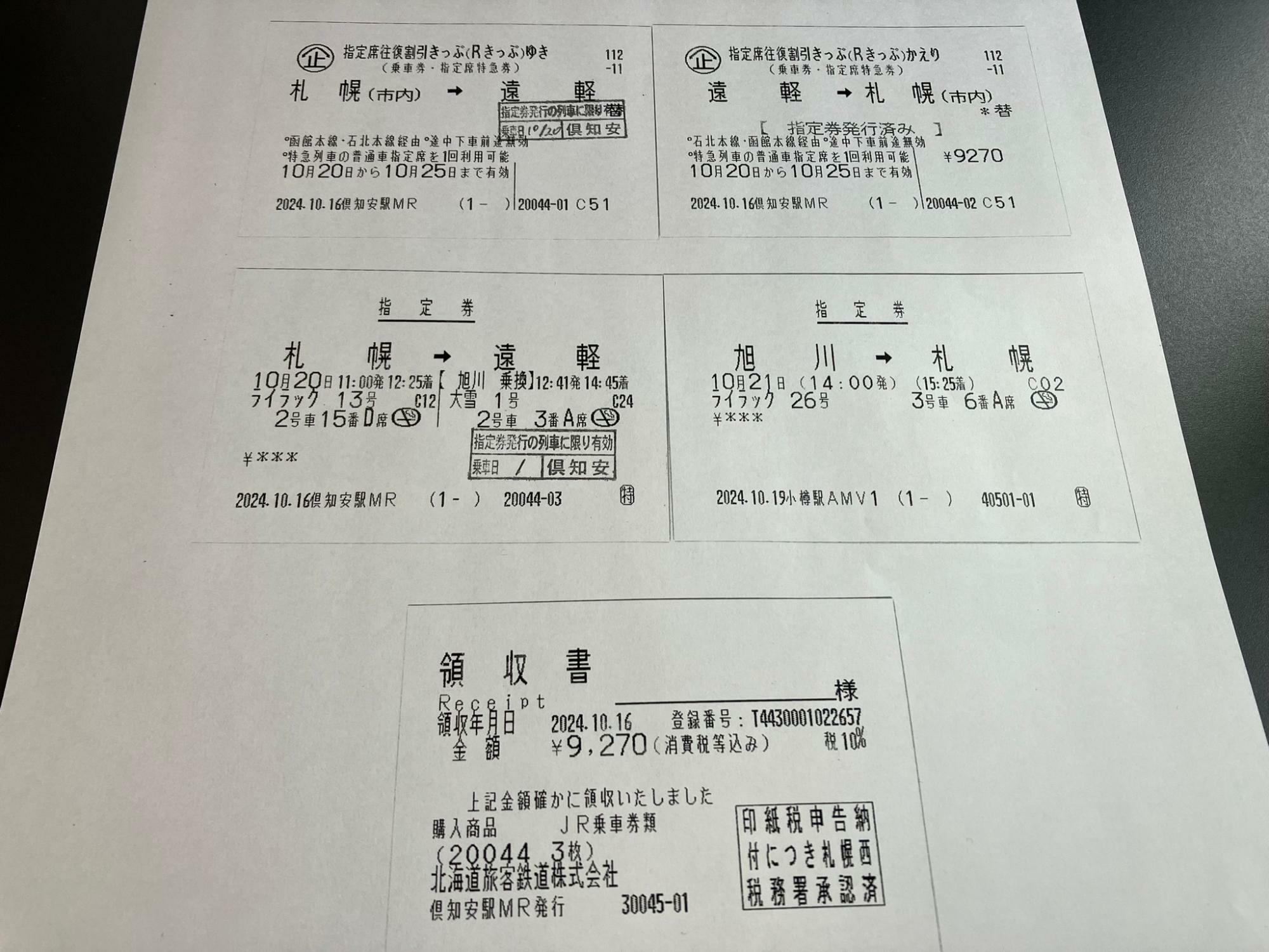 遠軽町への申請書に添付したきっぷのコピー。指定券は往路は窓口発券、復路は指定席券売機（話せる券売機）でのオペレーター発券となった（筆者撮影）