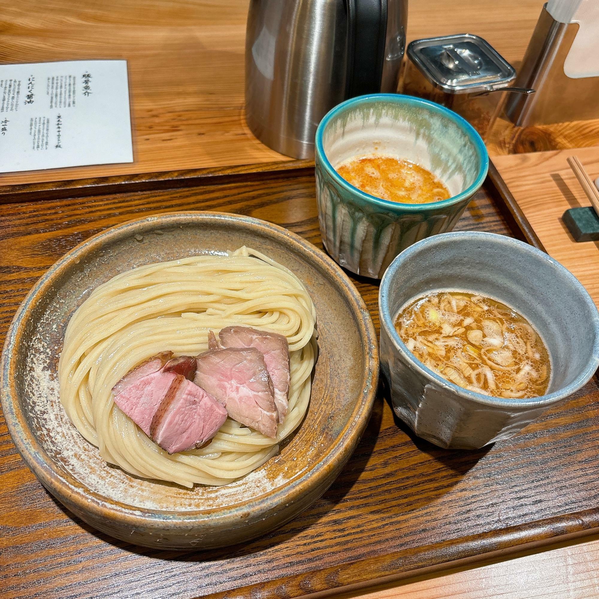 つけ汁2種つけ麺（海老、坦坦）、麺増量(¥1,250、¥50)