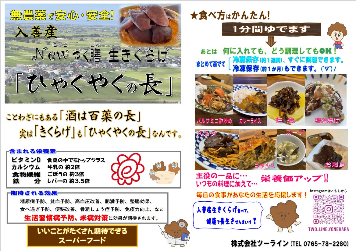 キクラゲの栄養価や、調理方法を紹介しているチラシ（画像提供：株式会社ツーライン）