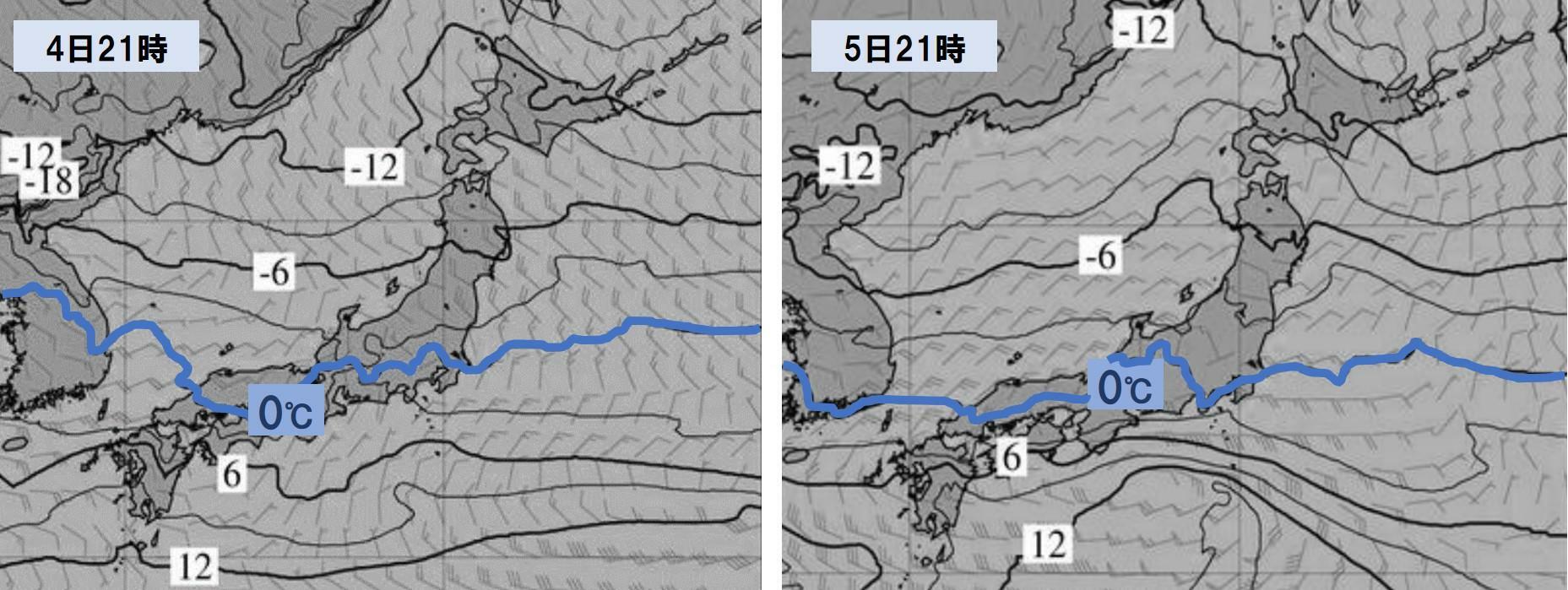 上空925hPa（高度約500ｍ）の予想気温。（左）4日21時、（右）5日21時。比較のためともに4日15時時点の予想を用いている。