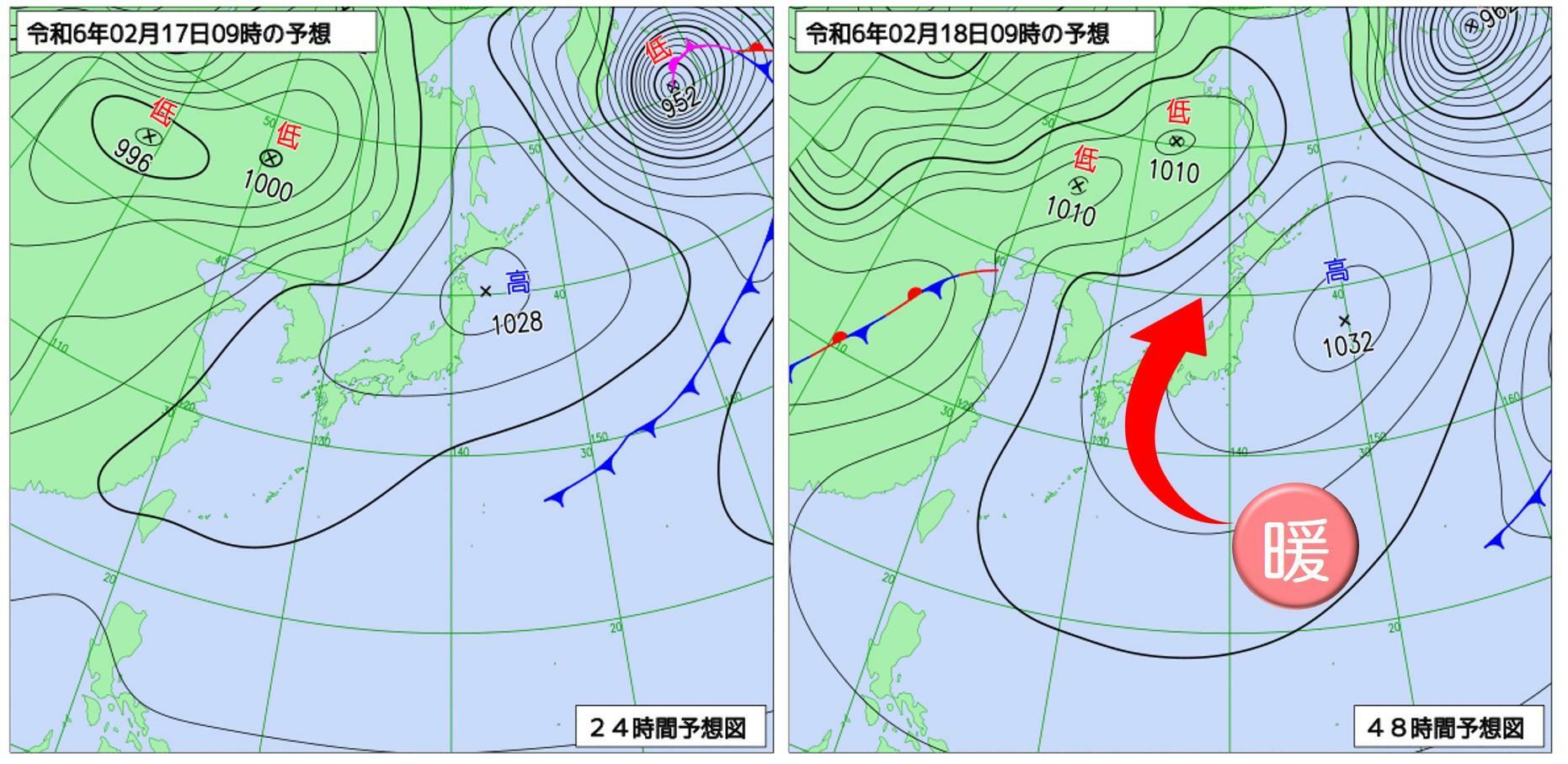 17日～18日にかけて南から高気圧に覆われ、暖気の流入が続く（天気図：気象庁HPより）。特に18日（右図）は高気圧の縁を回る暖気が日本海側に吹き降り、フェーン現象で日本海側の気温が急上昇。