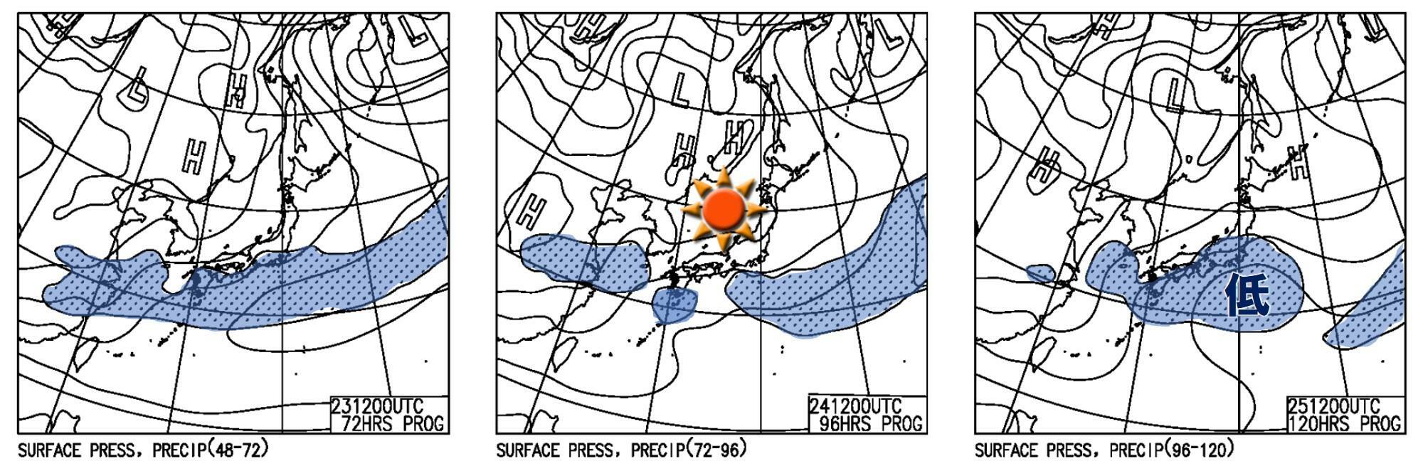 連休中日の24日は前線や低気圧の切れ間に日本列島が入る