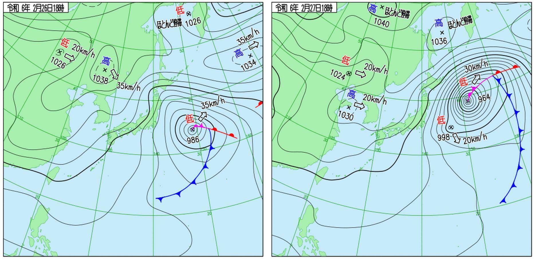 （左）2月26日18時、（右）27日18時の天気図