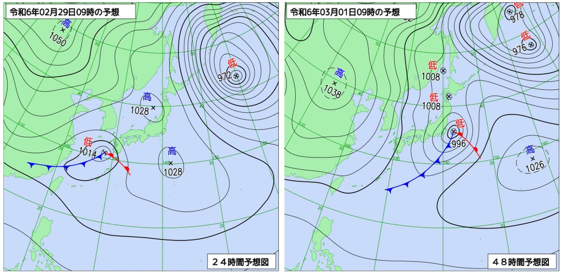 （左）2月29日、（右）3月1日の予想天気図（気象庁HPより）