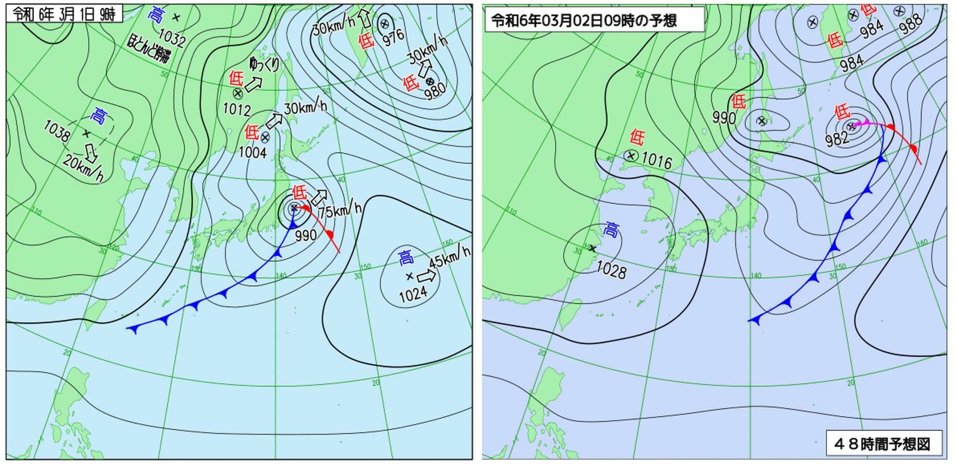 （左）3月1日9時実況天気図、（右）3月2日9時予想天気図（気象庁HPをともに作成）